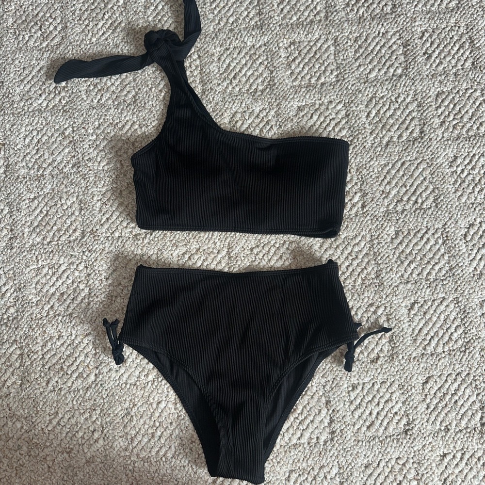 Womens Black Ribbed One-Shoulder High-Waist 2-Piece Bikini Set Small Nwot
